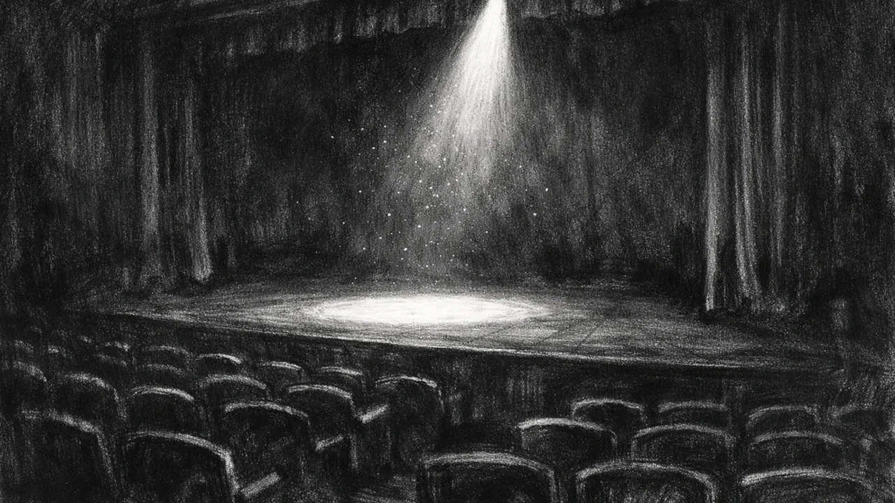 Prazna koncertna dvorana u charcoal film noir stilu: crno-bijela scena s jednim reflektorom, duboke sjene i melankolična atmosfera iščekivanja.