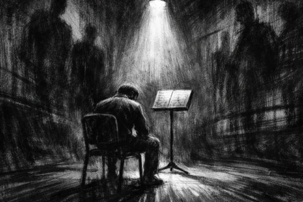 Filmski poster u charcoal film noir stilu: usamljena figura u mračnoj prostoriji za vježbanje, snažni kontrasti crnog i bijelog, duboke sjene i napeta atmosfera opsesivne ambicije.