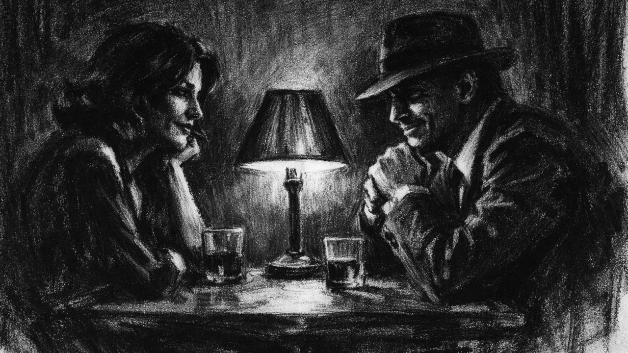 Dramatična scena razgovora u charcoal film noir stilu, crno-bijelo s jakim kontrastom, naglašene emocije povjerenja i suptilne napetosti.
