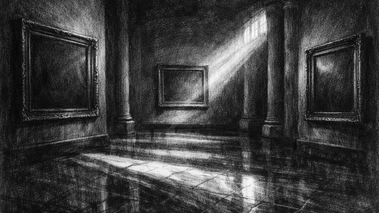 Atmosferski prostor bez likova u charcoal film noir stilu, crno-bijeli ambijent luksuza, sjena i simbolične elegancije.