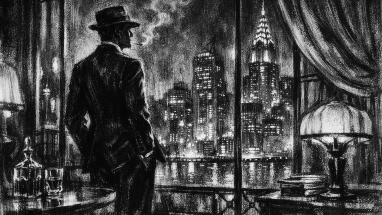 Hero ilustracija u charcoal film noir stilu, crno-bijela scena s dubokim sjenama, elegantna atmosfera grada i osjećaj sofisticirane napetosti.