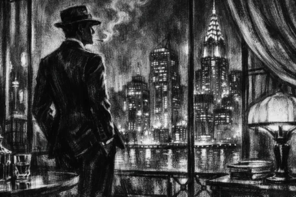 Hero ilustracija u charcoal film noir stilu, crno-bijela scena s dubokim sjenama, elegantna atmosfera grada i osjećaj sofisticirane napetosti.