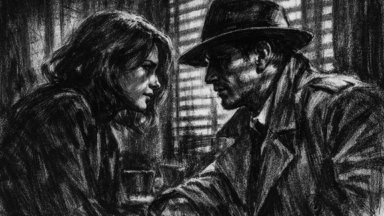 Dramatična unutarnja scena u charcoal film noir stilu, dvije osobe u razgovoru, izražajne sjene, emocionalna napetost i skrivena istina.