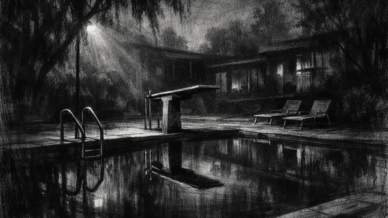 Simbolično okruženje u charcoal film noir stilu, napušteni bazen noću, crno-bijeli kontrasti, melankolija i osjećaj neriješenih pitanja.