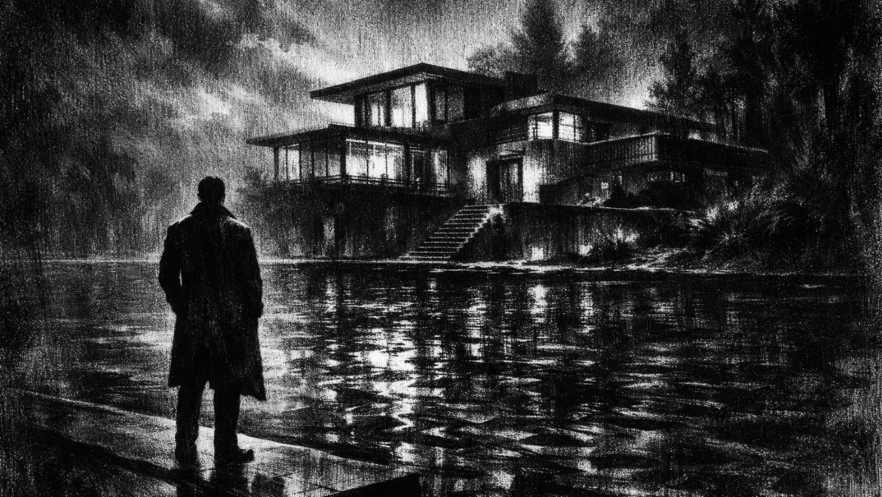 Filmski poster u charcoal film noir stilu, usamljena figura uz jezero, snažni kontrasti, duboke sjene i tjeskobna atmosfera tajne.