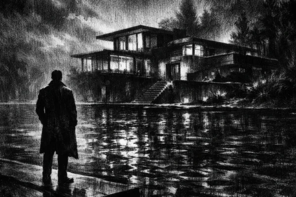 Filmski poster u charcoal film noir stilu, usamljena figura uz jezero, snažni kontrasti, duboke sjene i tjeskobna atmosfera tajne.