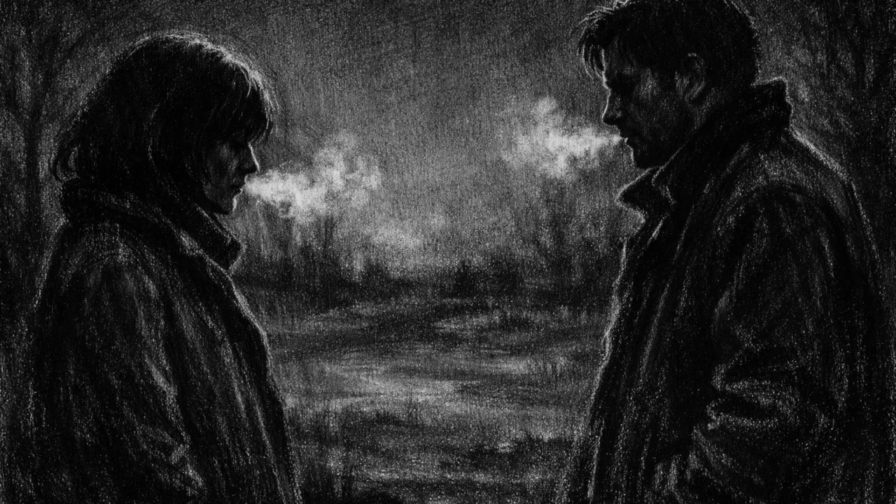 Dvoje ljudi u tihom razgovoru na hladnoći, razdvojeni sjenama i tišinom, izražajni crtež u charcoal film noir stilu s naglašenom emocionalnom težinom.