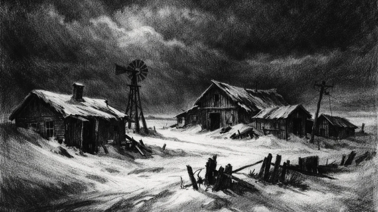 Napusteno zimsko okruženje s drvenim građevinama u snijegu, sumorna i pusta atmosfera, charcoal film noir stil u crno-bijeloj paleti.