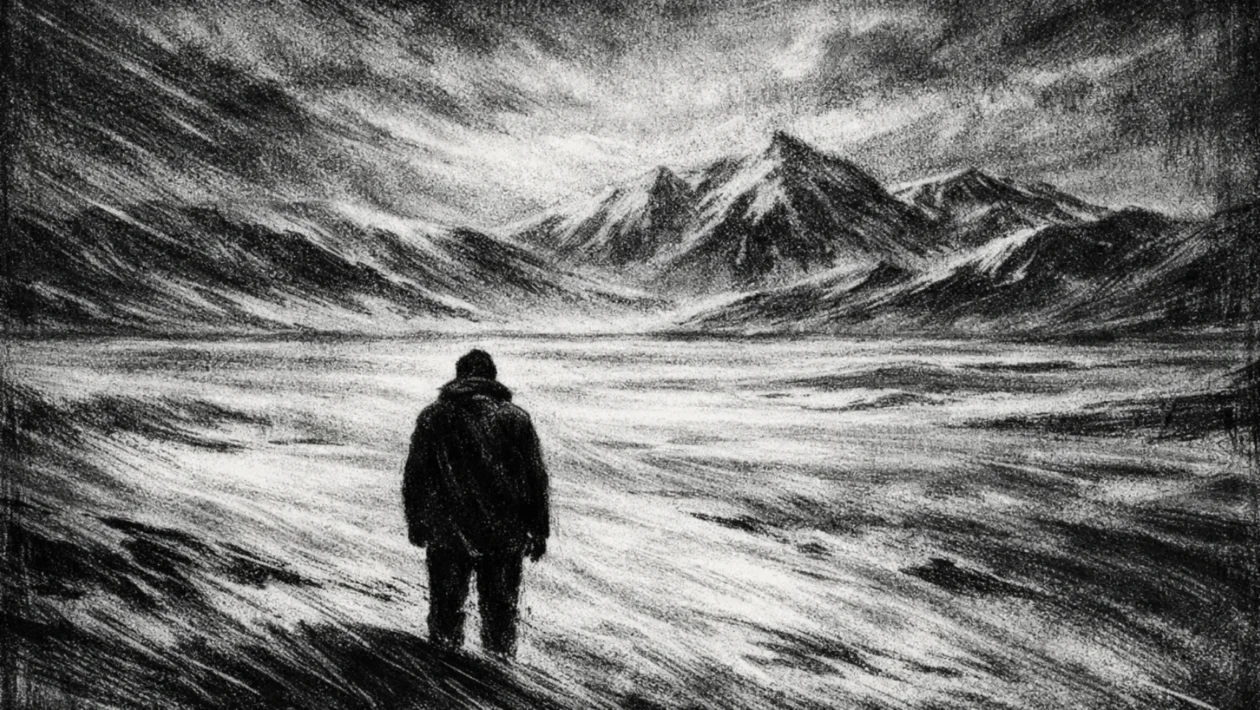Filmski poster s usamljenom figurom u snježnom pejzažu, snažan kontrast svjetla i sjene, charcoal film noir stil, crno-bijela atmosfera puna tišine i tuge.