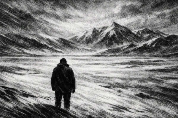 Filmski poster s usamljenom figurom u snježnom pejzažu, snažan kontrast svjetla i sjene, charcoal film noir stil, crno-bijela atmosfera puna tišine i tuge.