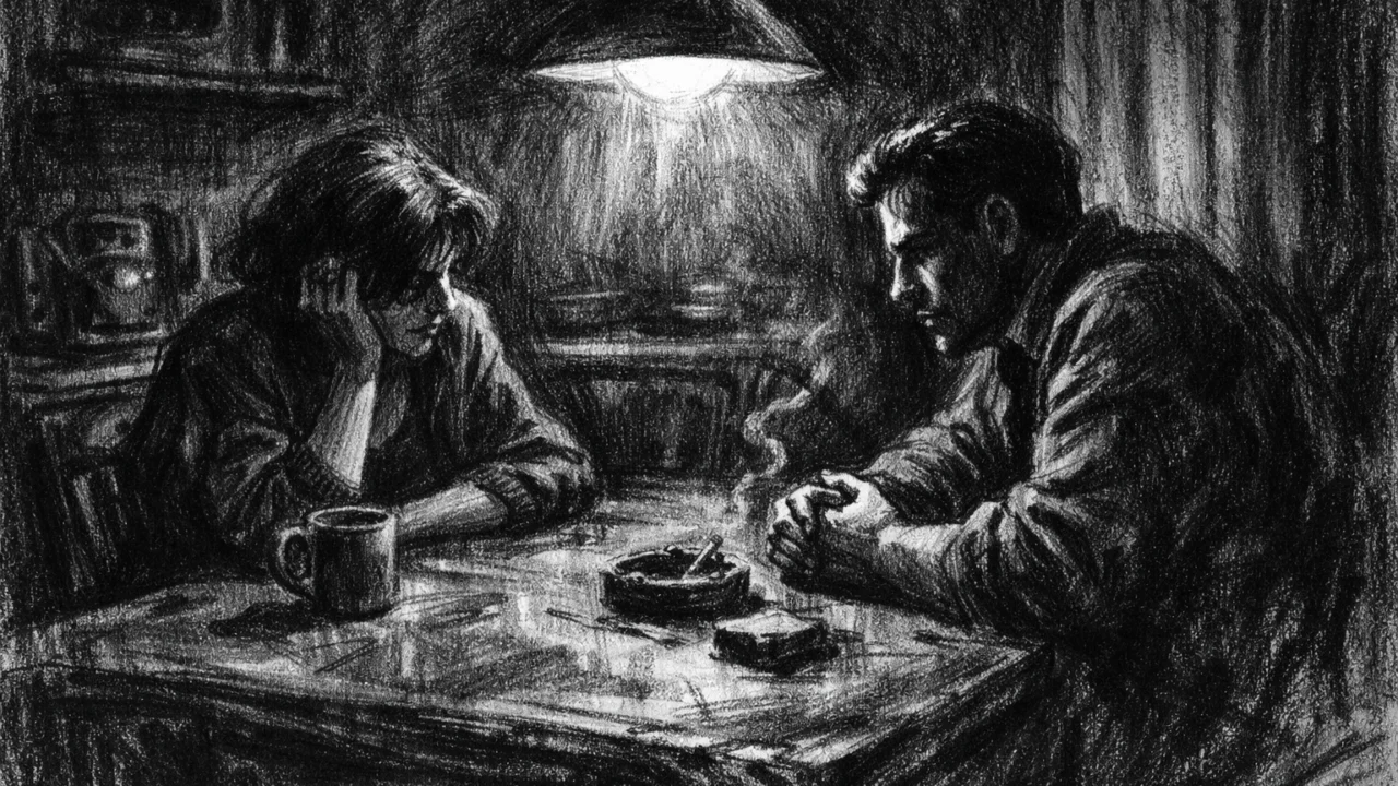 Intimna obiteljska scena u charcoal film noir stilu, crno-bijela slika s jakim sjenama i dramatičnim svjetlom koja prenosi emocije bliskosti i nesporazuma.