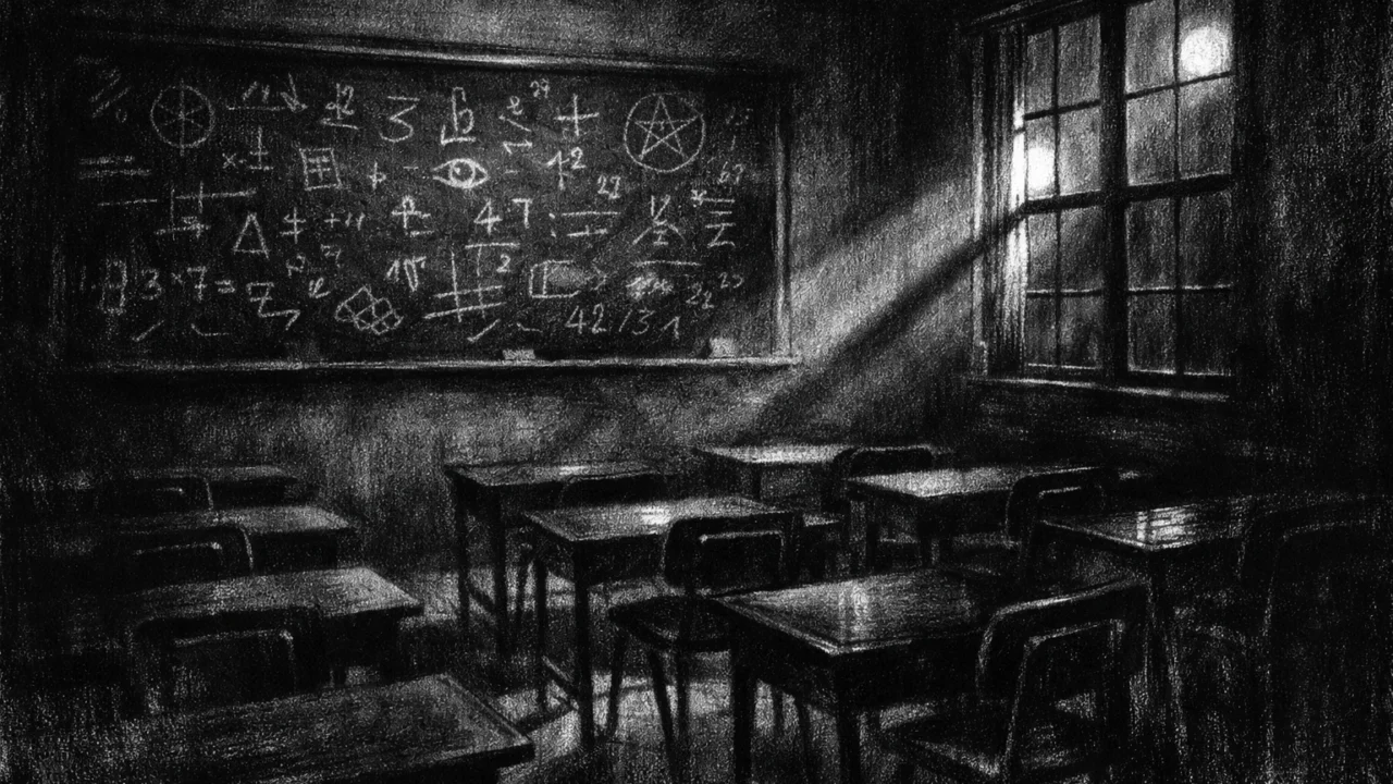 Atmosferski prikaz učionice u charcoal film noir stilu, crno-bijeli ambijent s dubokim sjenama koji simbolizira samoću, učenje i unutarnji svijet.