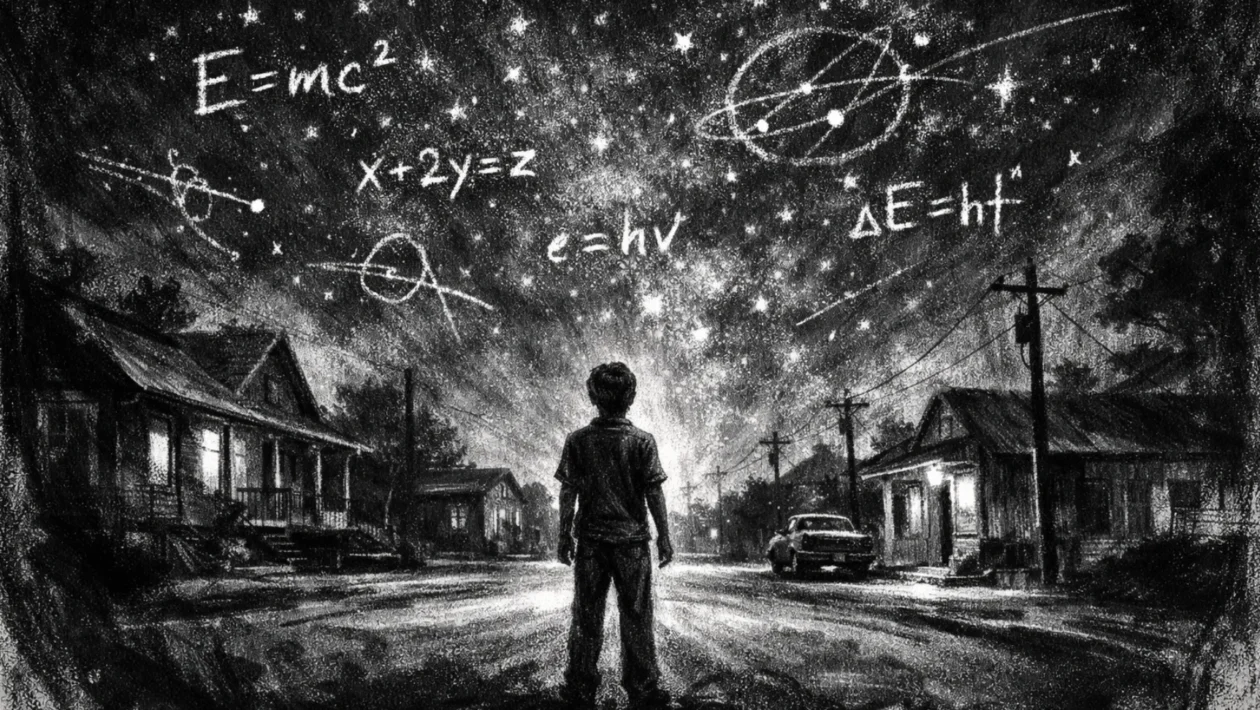 Filmski poster u charcoal film noir stilu, crno-bijela ilustracija s dubokim sjenama i snažnim kontrastom, naglašava emocionalnu atmosferu odrastanja i znatiželje.