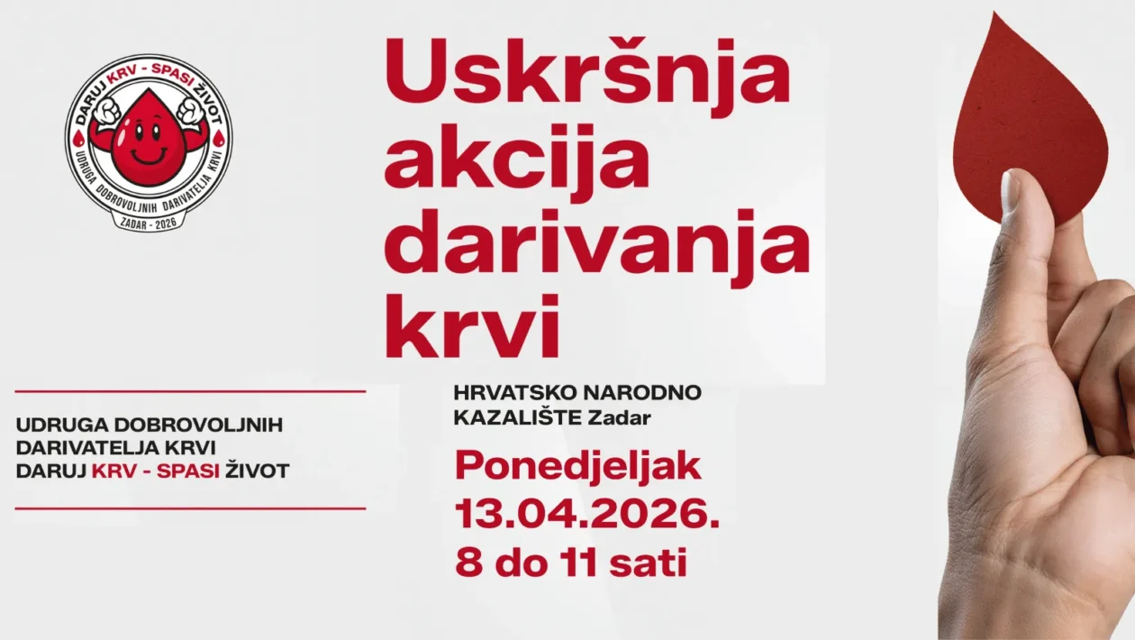 Naslovna grafika s sivim gradientom i tekstom „Osnovana zadarska udruga Daruj krv – spasi život“