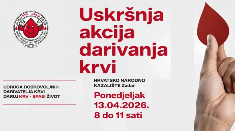 Naslovna grafika s sivim gradientom i tekstom „Osnovana zadarska udruga Daruj krv – spasi život“