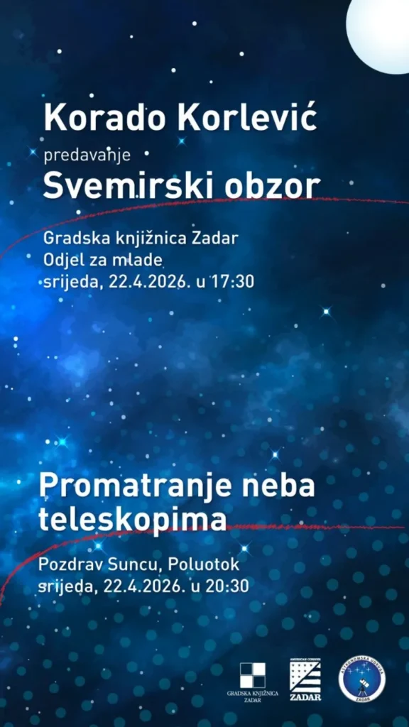 Predavanje Svemirski obzor Korada Korlevića u Odjelu za mlade Gradske knjižnice Zadar, 22. travnja 2026.