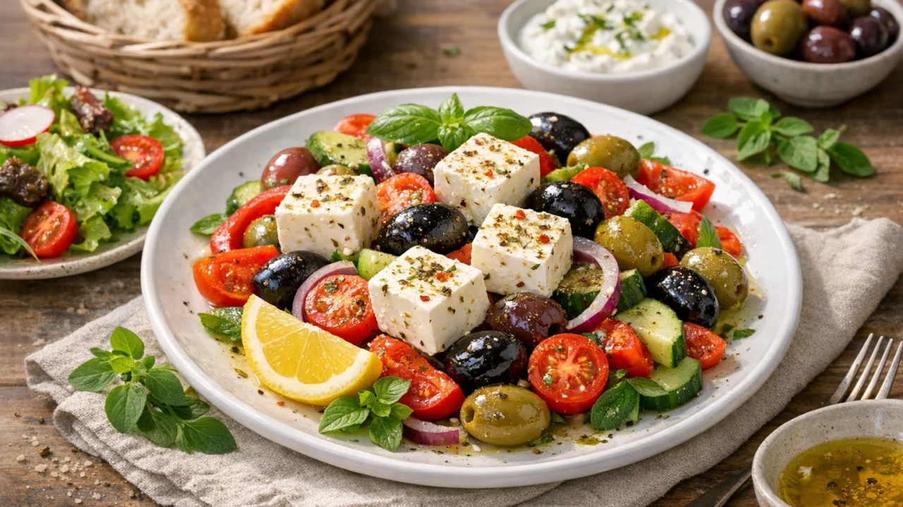 Posluživanje i varijacije Salata s feta sirom i maslinama