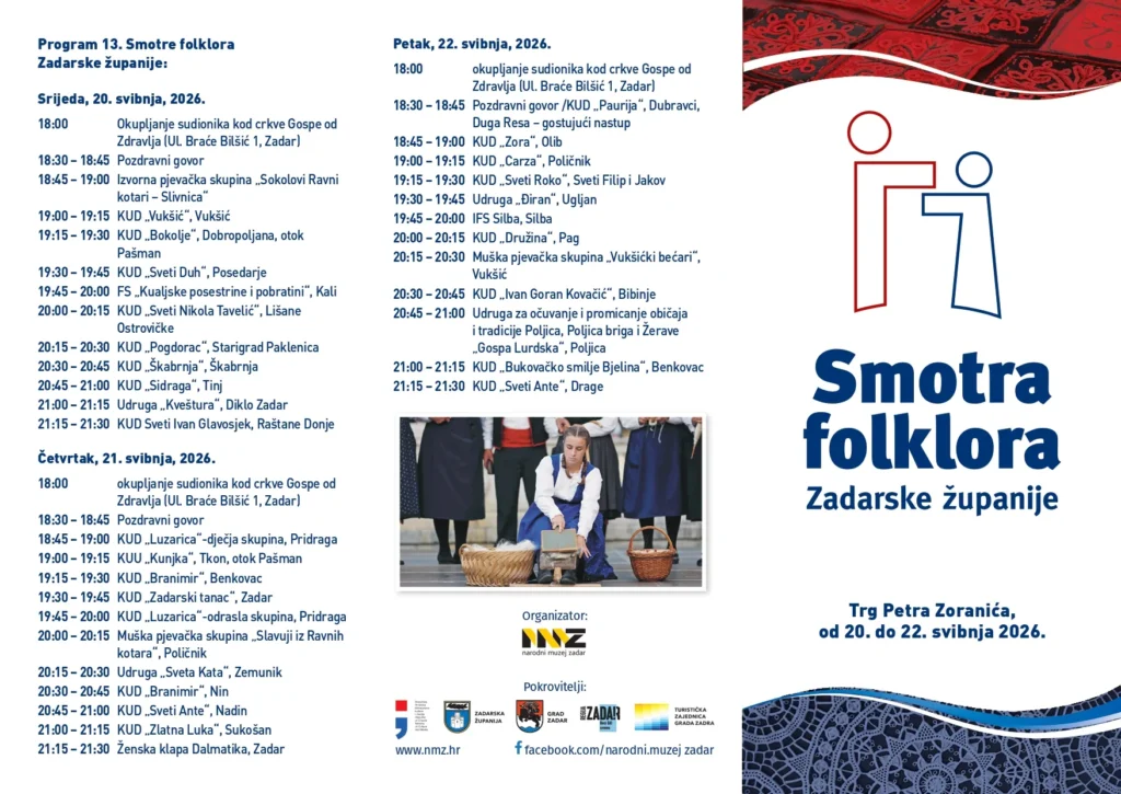 13. Smotra folklora Zadarske županije održava se od 20. do 22. svibnja 2026.