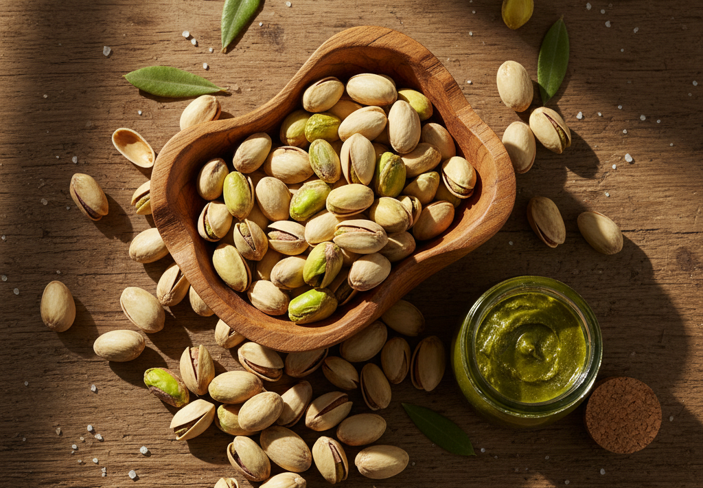 A high-angle, editorial food photograph featuring an artistic arrangement of pistachios on a rustic, weathered wooden surface. A hand-carved wooden bowl is filled with vibrant, bright green shelled pistachios, while a few whole pistachios in their creamy tan shells are scattered naturally around it. Beside the bowl, a small glass jar contains a rich, smooth emerald-colored pistachio paste. Soft, natural morning sunlight streams in from the side, highlighting the intricate textures of the shells and the vivid green hues of the nuts. The overall atmosphere is warm, artisanal, and Mediterranean, emphasizing freshness and high-quality culinary ingredients.