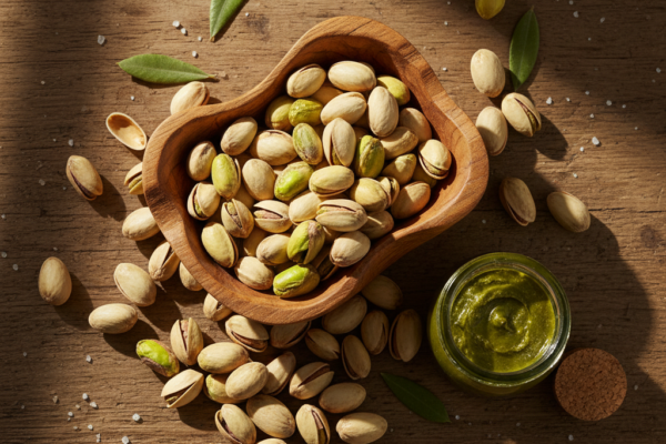 A high-angle, editorial food photograph featuring an artistic arrangement of pistachios on a rustic, weathered wooden surface. A hand-carved wooden bowl is filled with vibrant, bright green shelled pistachios, while a few whole pistachios in their creamy tan shells are scattered naturally around it. Beside the bowl, a small glass jar contains a rich, smooth emerald-colored pistachio paste. Soft, natural morning sunlight streams in from the side, highlighting the intricate textures of the shells and the vivid green hues of the nuts. The overall atmosphere is warm, artisanal, and Mediterranean, emphasizing freshness and high-quality culinary ingredients.