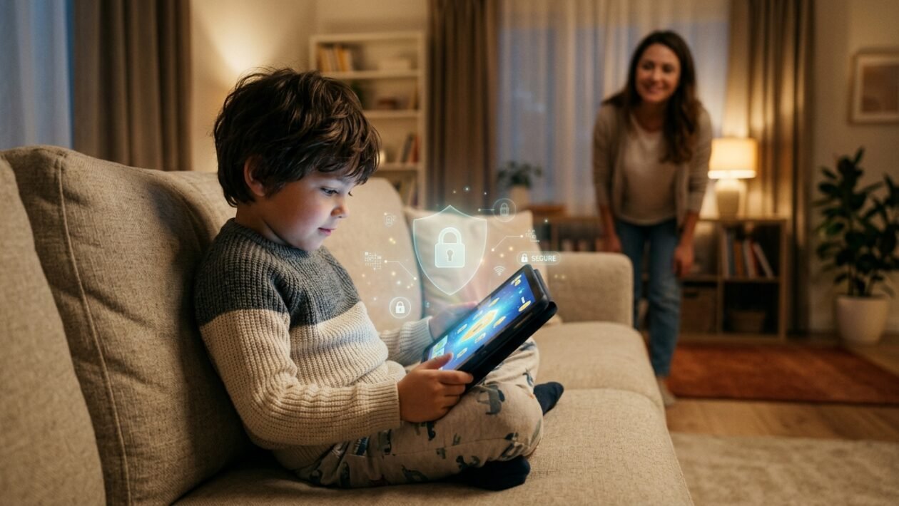 Dječak koristi tablet s digitalnim prikazom sigurnosnog štita dok ga majka promatra u pozadini