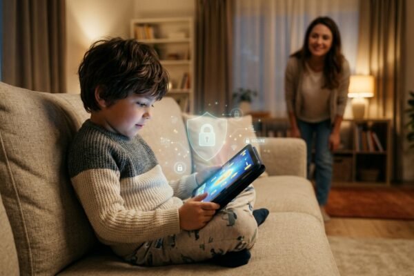 Dječak koristi tablet s digitalnim prikazom sigurnosnog štita dok ga majka promatra u pozadini