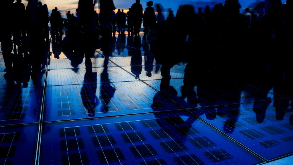 Greeting to the Sun Zadar night light show with colorful LED patterns on waterfront promenade