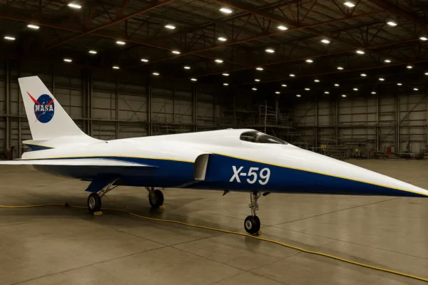NASA X-59 eksperimentalni zrakoplov tijekom testnog leta u fazi širenja letačke omotnice iznad Kalifornije.