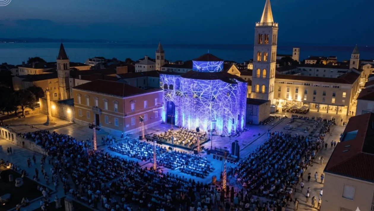 Roman Forum Zadar with St Donatus Church illuminated for evening concert