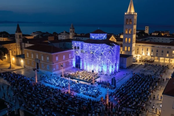 Roman Forum Zadar with St Donatus Church illuminated for evening concert