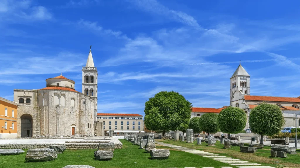 Roman Forum Zadar ruins with St Donatus Church in the background, illustrating centuries of history in one location.