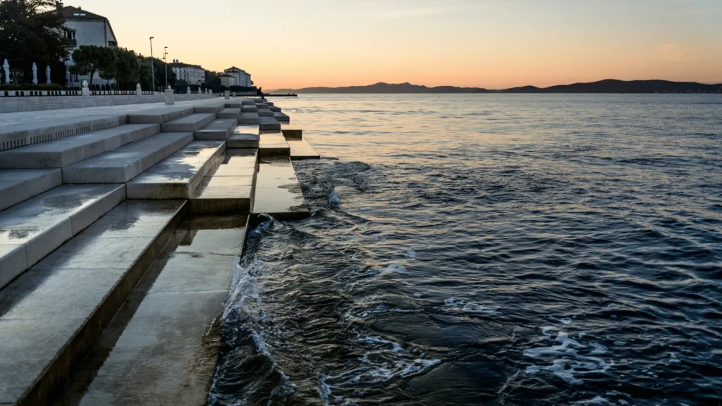 Sea Organ Zadar sunset scene with warm evening light, Adriatic waves and visitors sitting on stone steps by the sea.