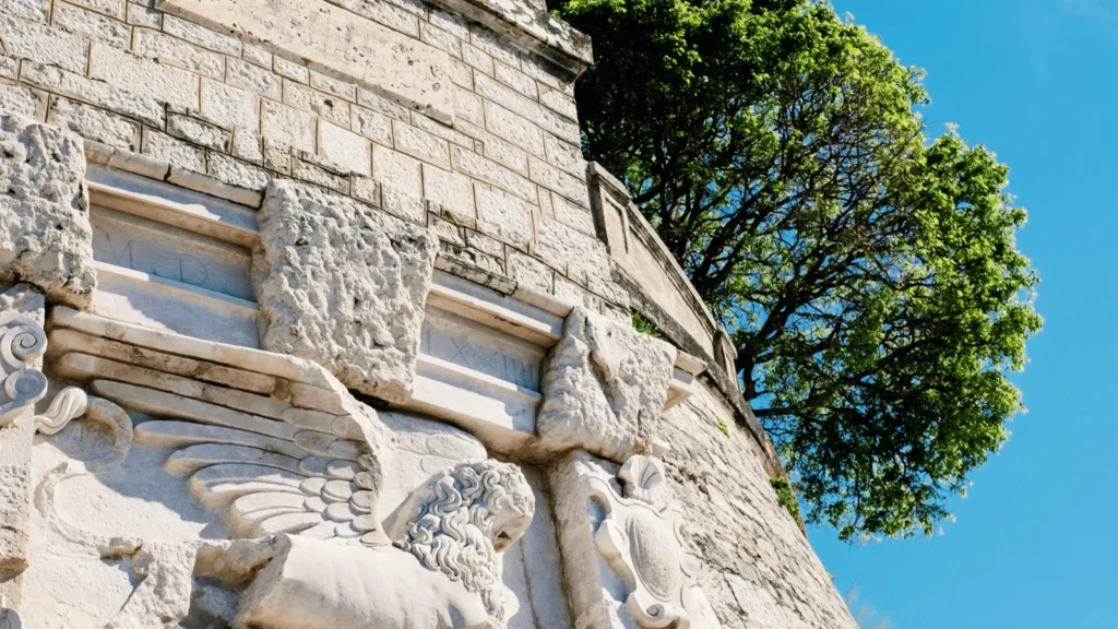 Aerial view of Zadar city walls UNESCO World Heritage site surrounding the historic peninsula on the Adriatic coast