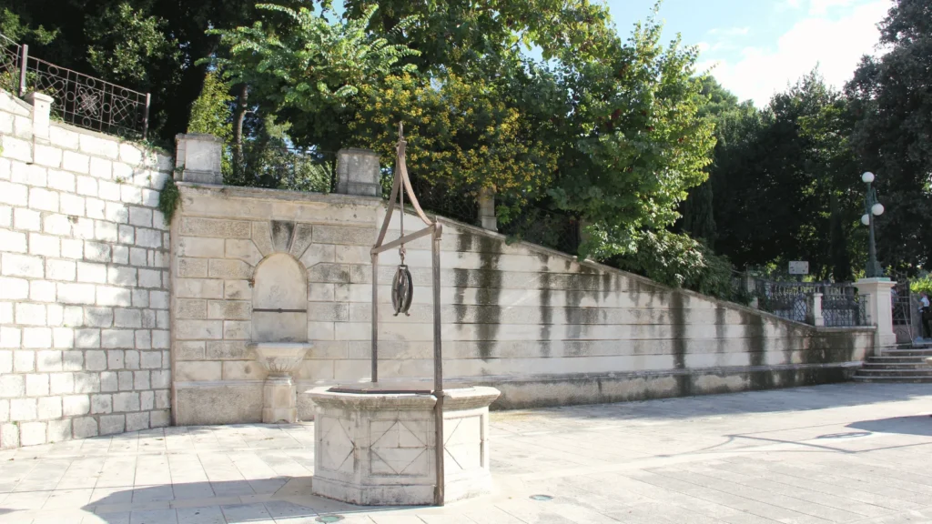 Five Wells Square Zadar with five stone wells from 1574 and Captain's Tower rising 26 meters behind city walls