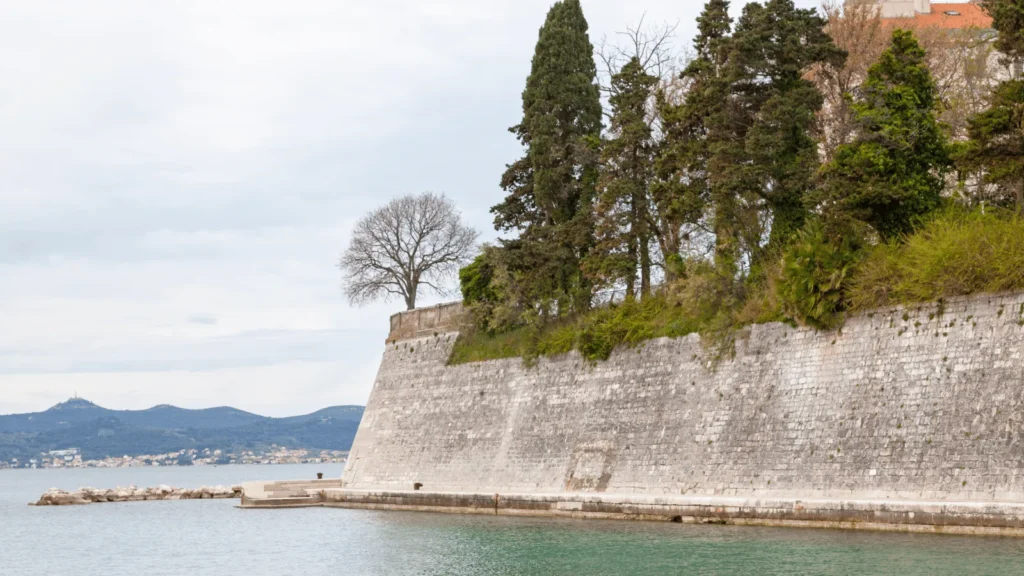 Aerial view of Zadar city walls UNESCO World Heritage site surrounding the historic peninsula on the Adriatic coast