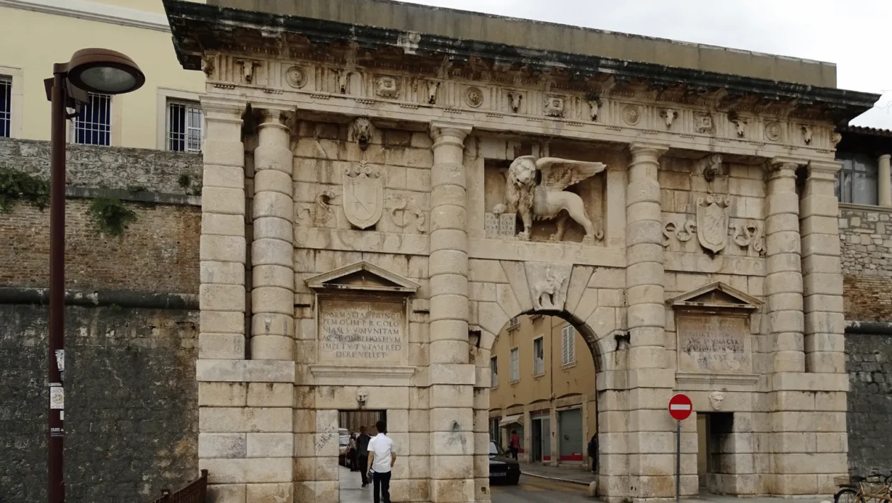 Land Gate Zadar city walls — Renaissance triumphal arch by Michele Sanmicheli with winged lion of St Mark at main entrance to Old Town
