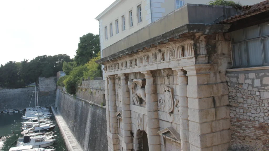 Land Gate Zadar city walls — Renaissance triumphal arch by Michele Sanmicheli with winged lion of St Mark at main entrance to Old Town