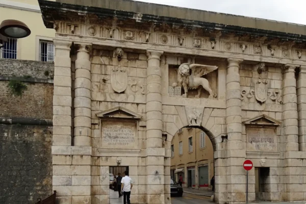 Land Gate Zadar city walls — Renaissance triumphal arch by Michele Sanmicheli with winged lion of St Mark at main entrance to Old Town
