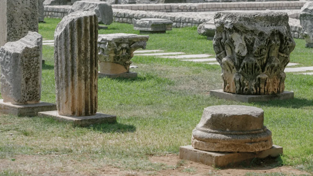 Roman Forum Zadar ruins with standing column and St Donatus Church in background