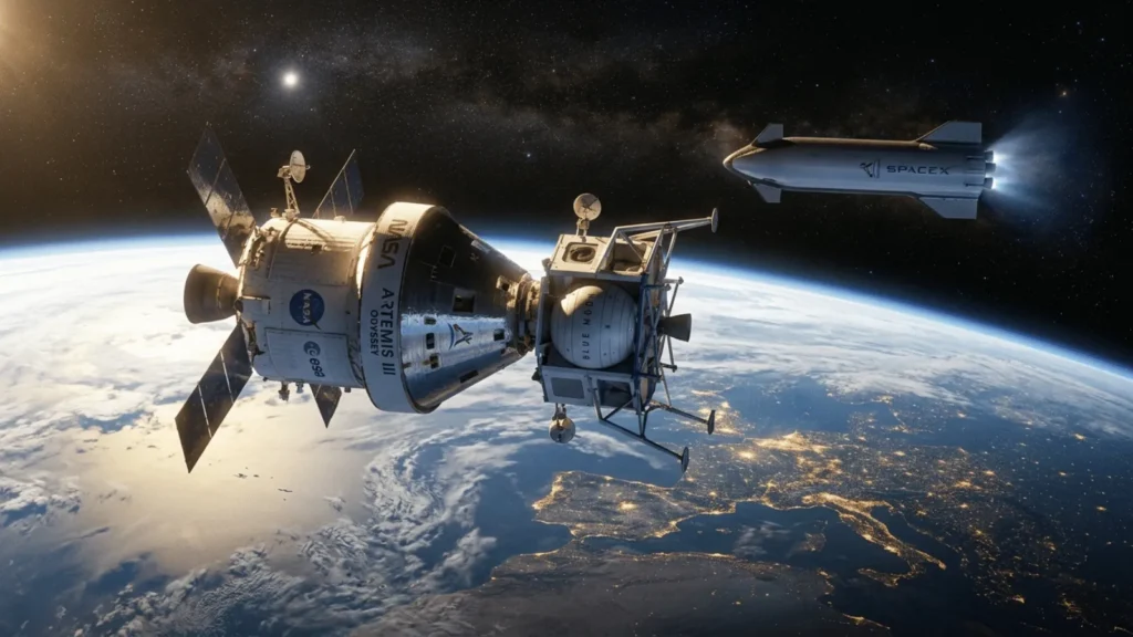 Artemis III svemirski brod i SpaceX Starship iznad Zemlje