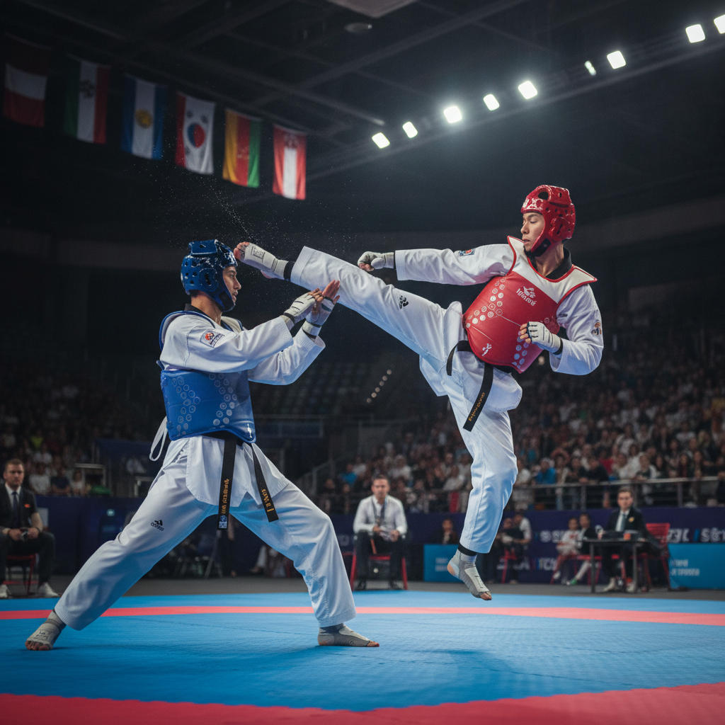 Dva taekwondo borca u borbi, jedan izvodi udarac nogom u glavu drugog
