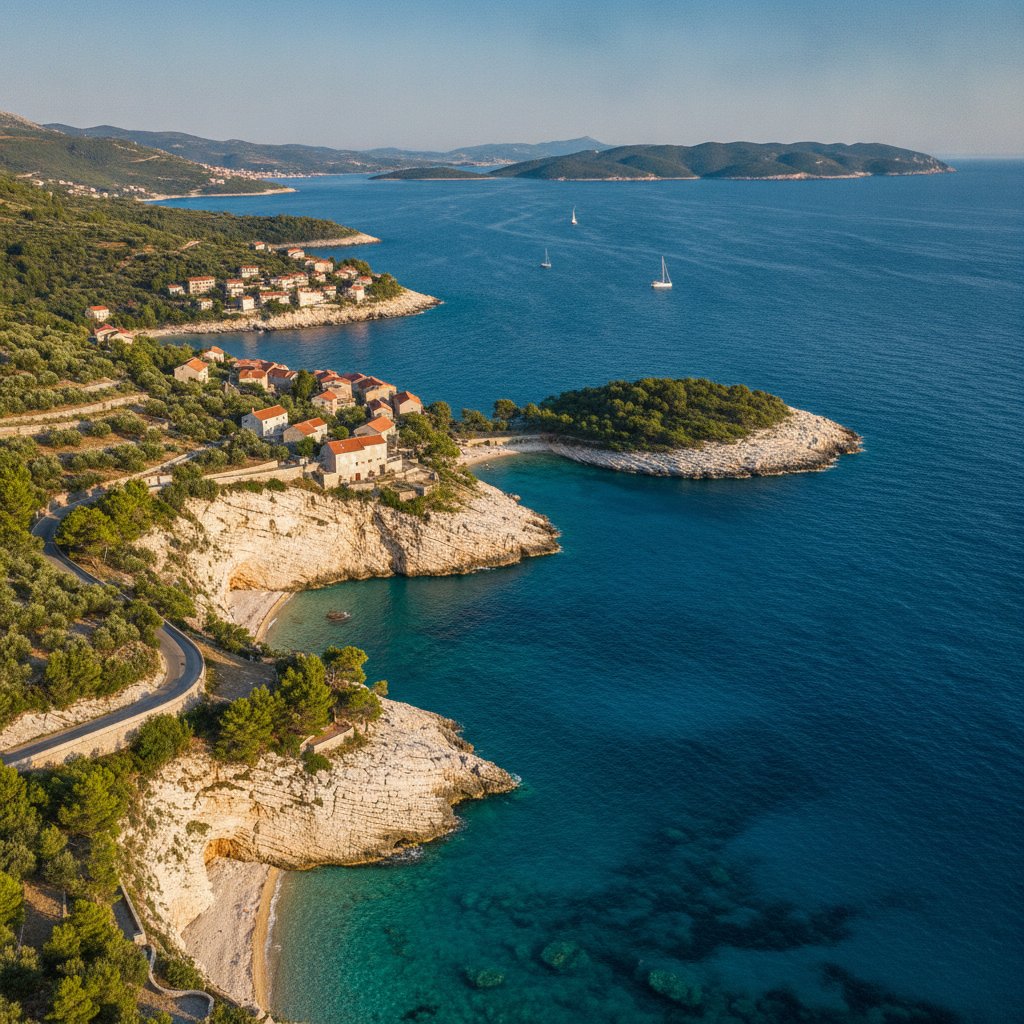 Kamena kuća na litici s pogledom na jadransko plavetnilo i otoke u daljini
