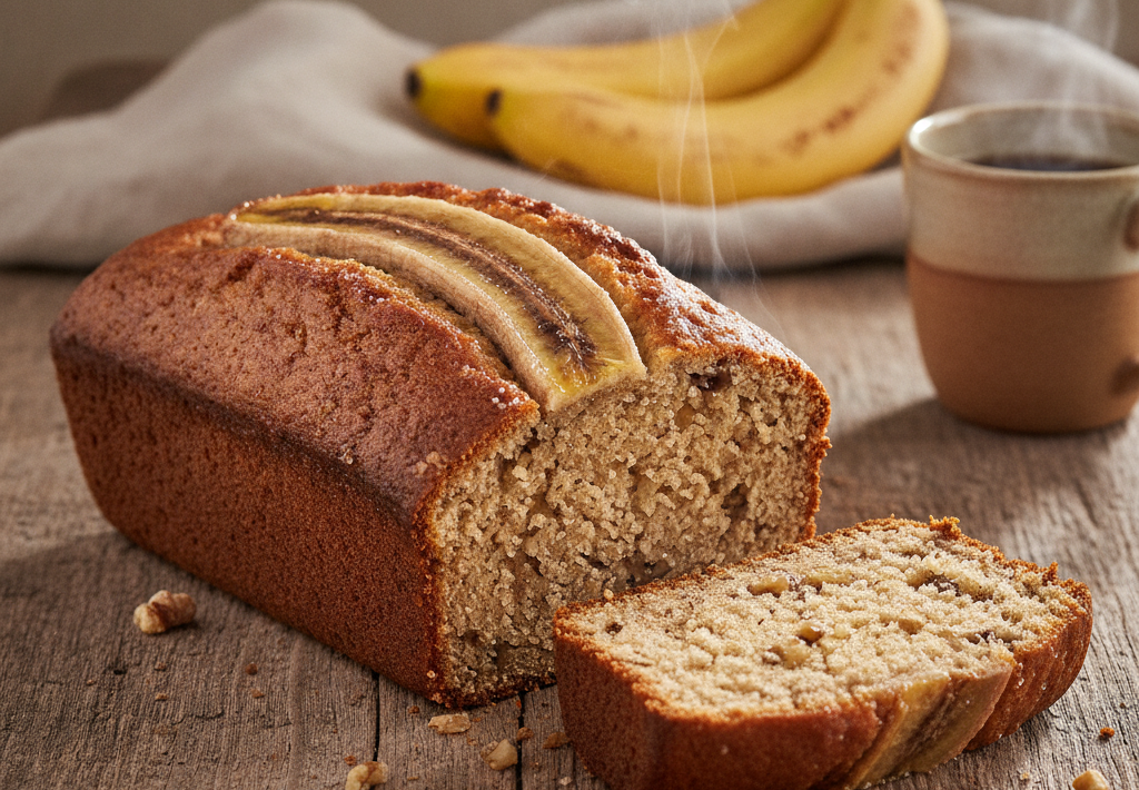 Kruh od banane s kriškom narezanom, s bananama i šalicom kave u pozadini