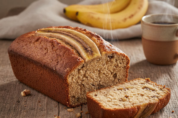 Kruh od banane s kriškom narezanom, s bananama i šalicom kave u pozadini