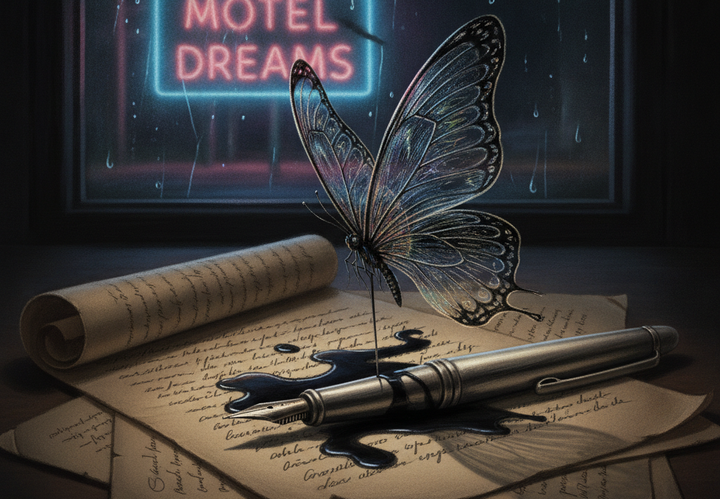 Leptir na papiru s natpisom "MOTEL DREAMS" u neonskom svjetlu