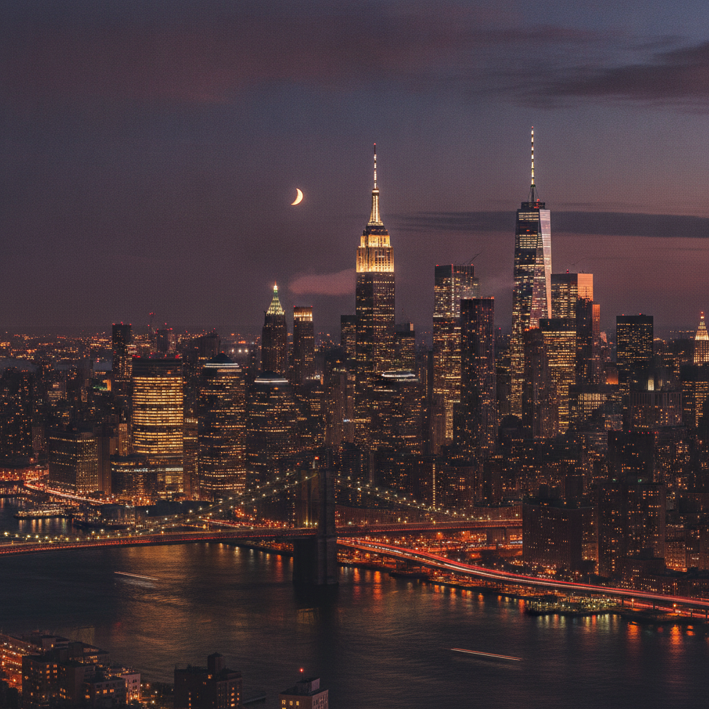 New York City skyline at dusk with a crescent moon and illuminated buildings
