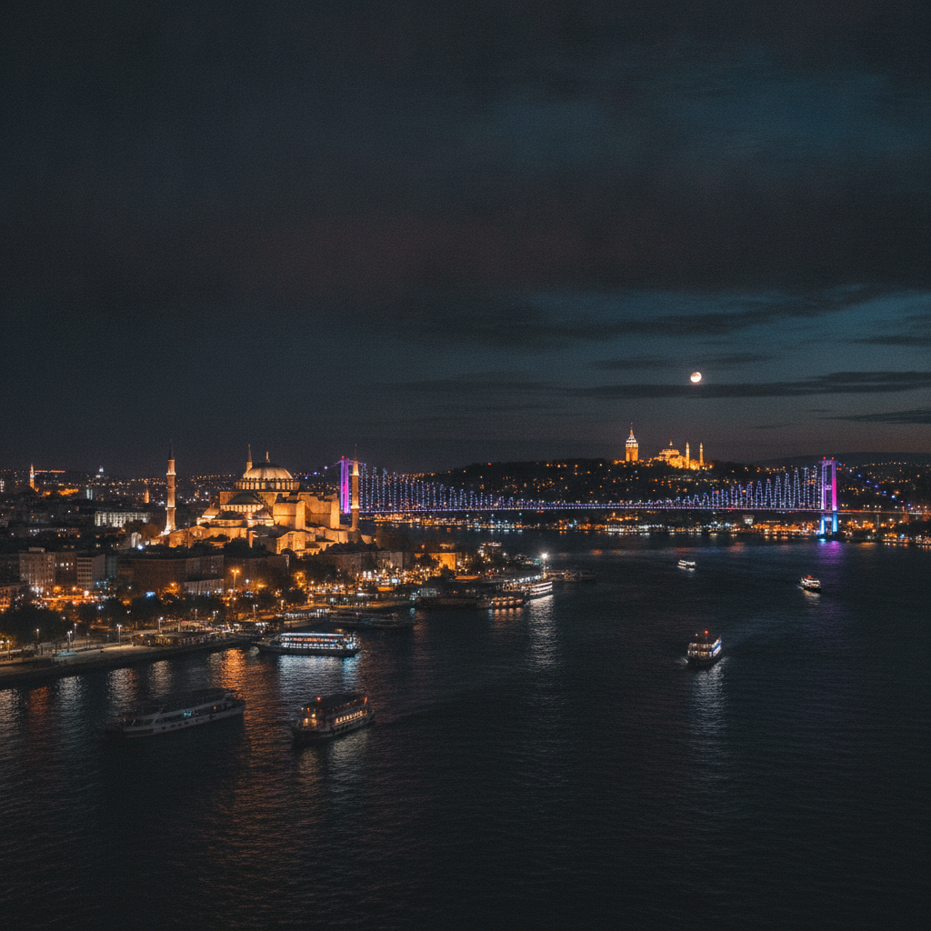 Noćni pogled na Istanbul s Bosforskim mostom i džamijom Aja Sofija