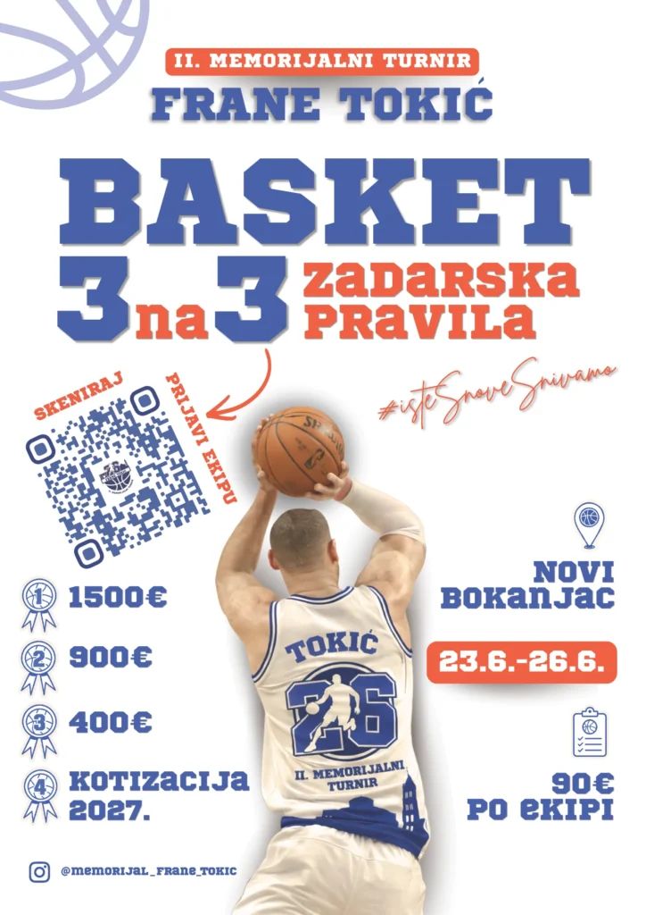Otvorene prijave za 3x3 košarkaški turnir Frane Tokić u Zadru