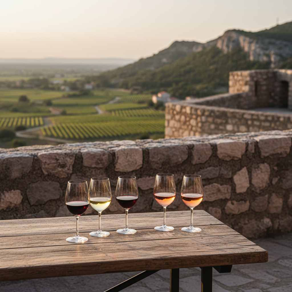Pet čaša vina, crnog, bijelog i roze, na drvenom stolu s vinogradom u pozadini