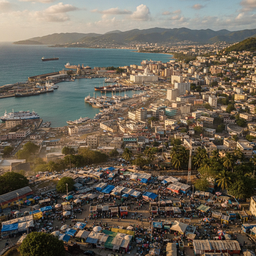 Pogled iz zraka na grad Port-au-Prince, Haiti, s lukom punim brodova i